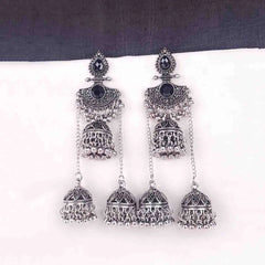 Oxidised Black Triple Jhumka Earrings