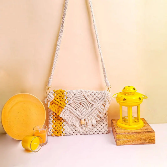 Yellow Striped White Macrame Sling Bag