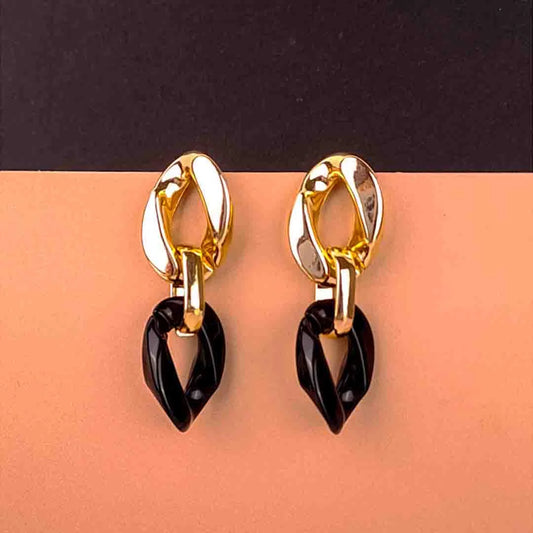 Link Chain Golden Black Drop Earrings