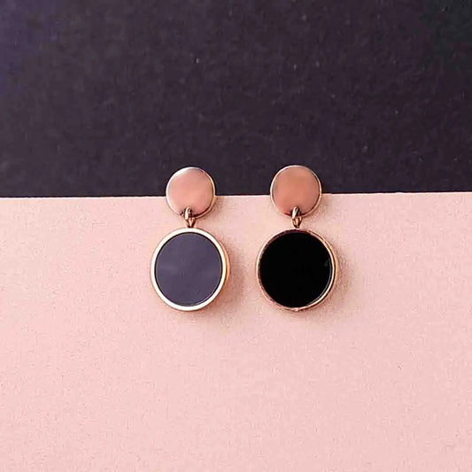 Rose Gold Black Disc Drop Earrings