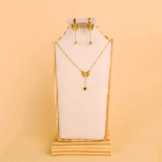 Gold Bow Tassel Chain Heart Jewellery Set