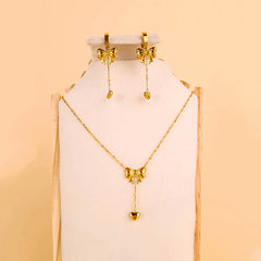 Gold Bow Tassel Chain Heart Jewellery Set