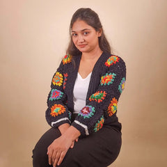 Vibrant Black Floral Crochet Cardigan