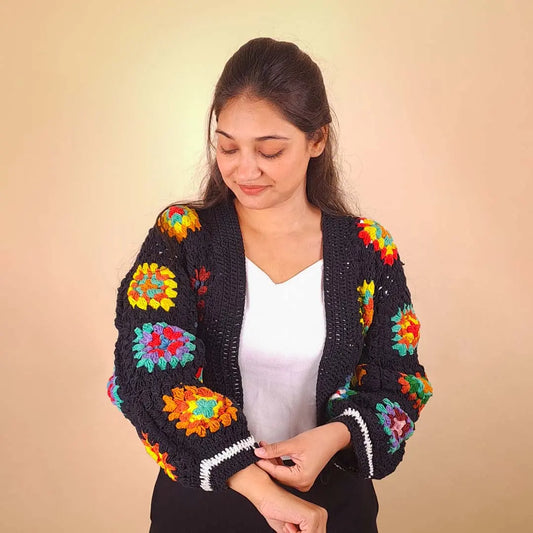 Vibrant Black Floral Crochet Cardigan