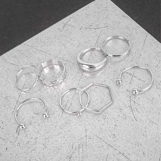 Pack of 8 Silver Geometric Rings Combo