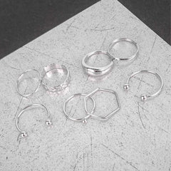 Pack of 8 Silver Geometric Rings Combo