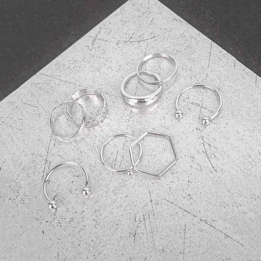 Pack of 8 Silver Geometric Rings Combo
