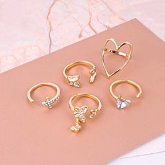 Pack Of 5 Butterfly Heart Crystal Ring Combo