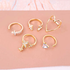 Pack Of 5 Butterfly Heart Crystal Ring Combo