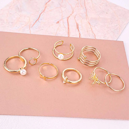 Pack of 8 Golden Pearl Statement Rings Combo