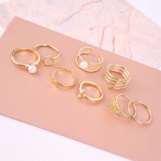 Pack of 8 Golden Pearl Statement Rings Combo