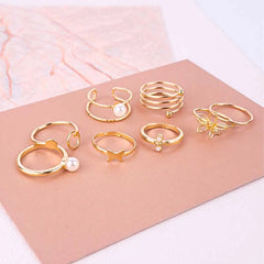 Pack of 8 Golden Pearl Statement Rings Combo