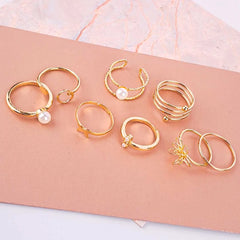 Pack of 8 Golden Pearl Statement Rings Combo