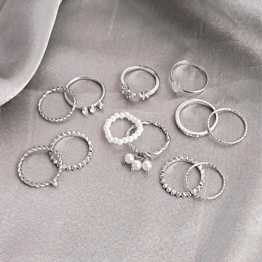 Pack of 12 Eclectic Silver Pearl Sparkling Rings Combo