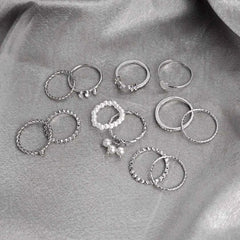 Pack of 12 Eclectic Silver Pearl Sparkling Rings Combo
