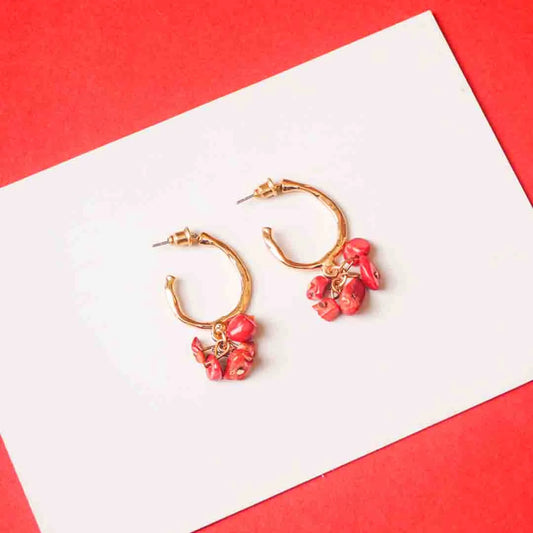 Circular Red Beaded Open Hoop Earrings