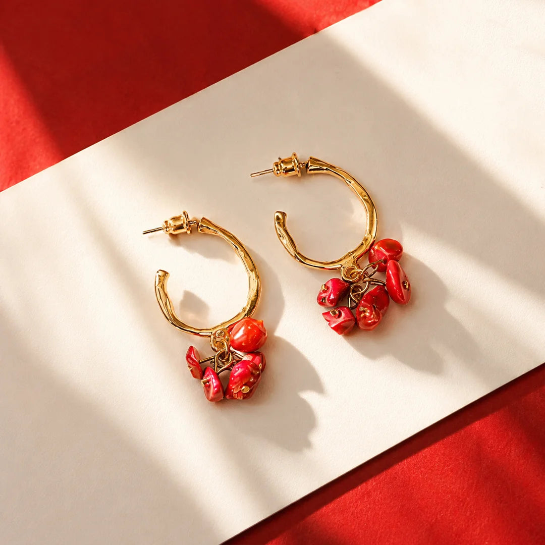 Circular Red Beaded Open Hoop Earrings