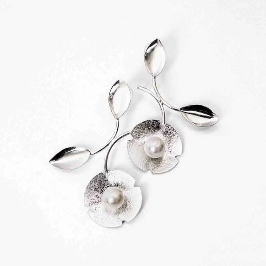 Silver Pearl Floral Vine Earrings