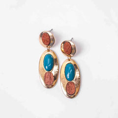 Oval Wooden Turquoise Drop Earrings