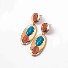 Oval Wooden Turquoise Drop Earrings