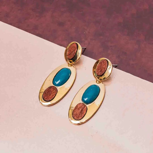 Oval Wooden Turquoise Drop Earrings