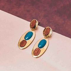Oval Wooden Turquoise Drop Earrings
