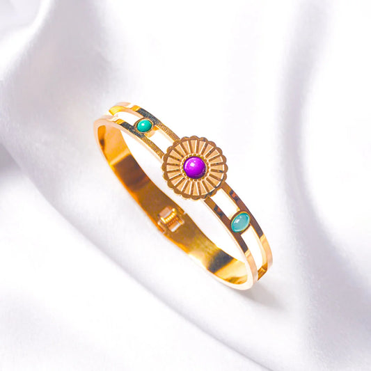 Floral Gold Toned Hinged Bracelet