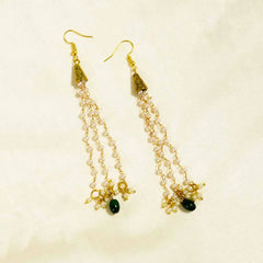 Traditional Golden Cone Pearl Chain Tassel Earrings