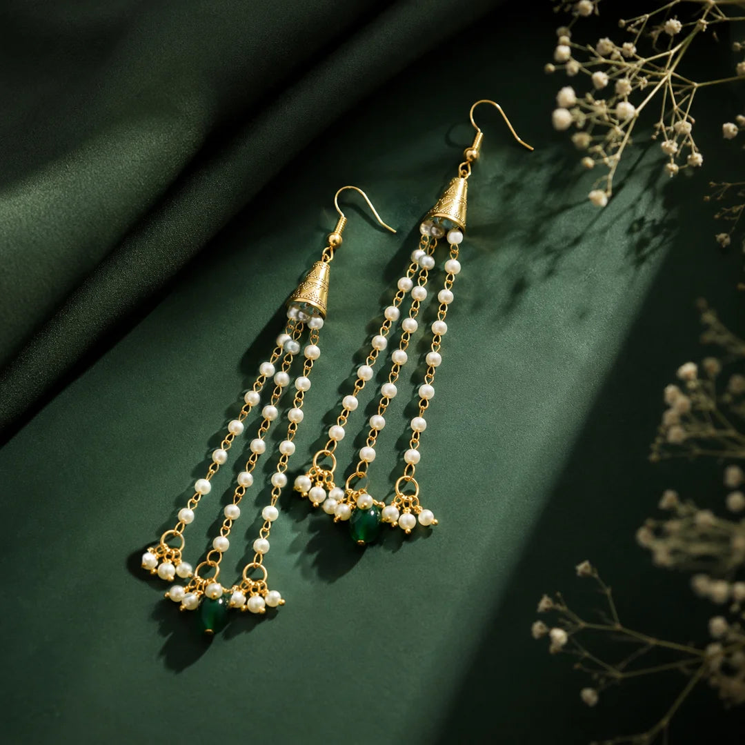 Traditional Golden Cone Pearl Chain Tassel Earrings