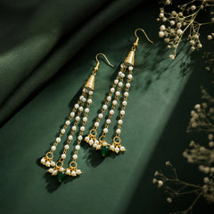 Traditional Golden Cone Pearl Chain Tassel Earrings