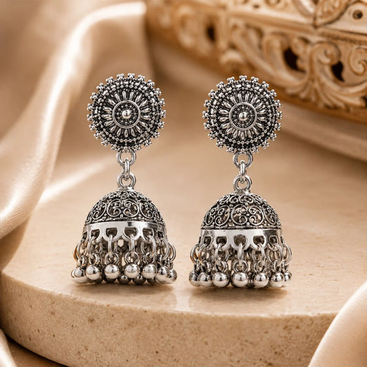 Intricate Oxidised Round Top Jhumka Earrings