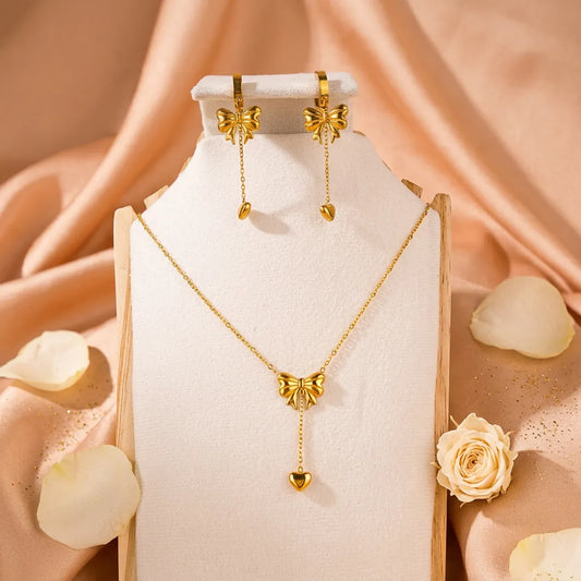 Gold Bow Tassel Chain Heart Jewellery Set