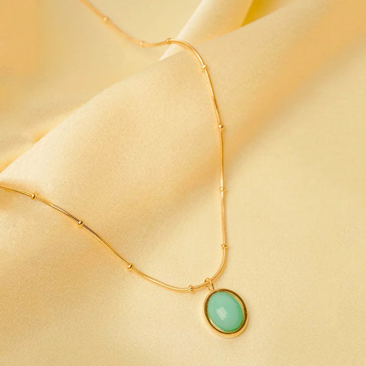 Golden Beaded Chain Turquoise Oval Pendant Necklace