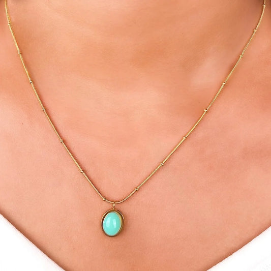 Turquoise Oval Pendant Necklace - 18K Gold Plated