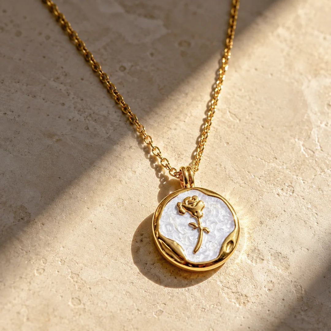Engraved Rose Shimmer Chain Pendant Necklace - 18K Gold Plated