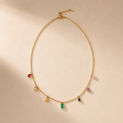 Colourful Dainty Crystal Gems Chain Necklace - 18K Gold Plated