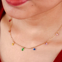 Colourful Dainty Crystal Gems Chain Necklace - 18K Gold Plated
