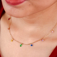 Colourful Dainty Crystal Gems Chain Necklace - 18K Gold Plated
