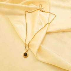 Black Oval Pendant Rope Chain Necklace - 18K Gold Plated