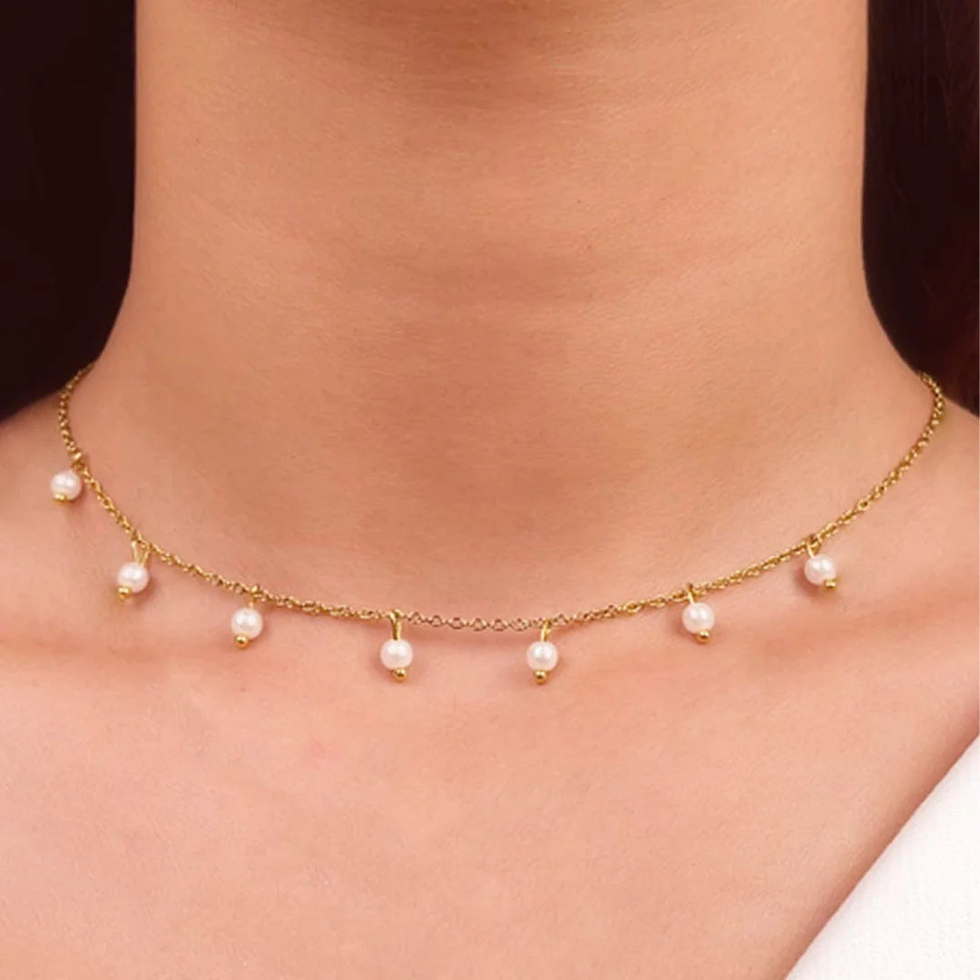 Dainty Pearl Dangle Chain Necklace - 18K Gold Plated