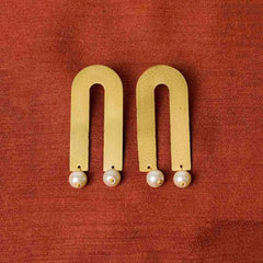 Brass U Shaped Pearl Drop Earrings