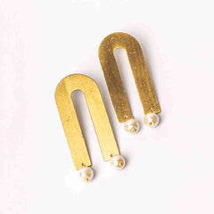 Brass U Shaped Pearl Drop Earrings