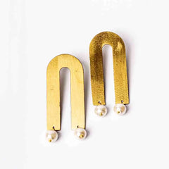 Brass U Shaped Pearl Drop Earrings