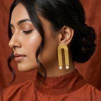 Brass U Shaped Pearl Drop Earrings