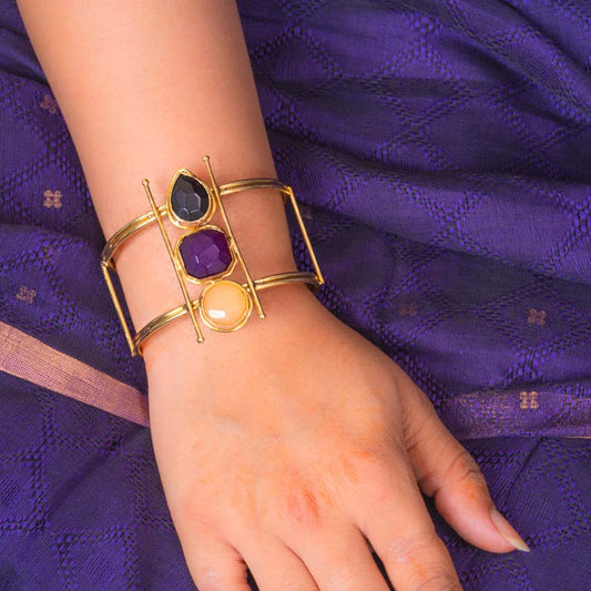 Brass Geometric Resin Stone Cuff Bangle