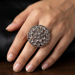 Intricate Floral Bloom Oxidised Ring