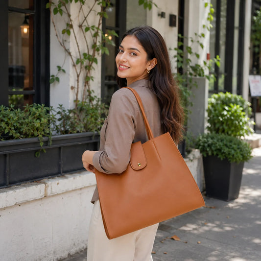 "Tan vegan leather
 tote bag for women with dual shoulder handles, secure button closure, spacious interior, and a minimalist design, ideal for office, work, shopping, travel, and everyday use."
