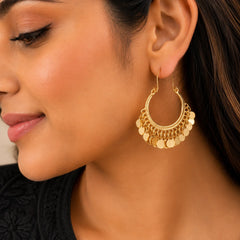 Gold Coin Tassel Hoop Earrings