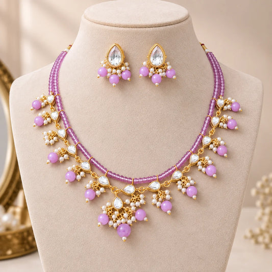 Lilac Beaded Kundan Necklace Set