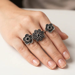 Oxidised Double Finger Floral Ring
